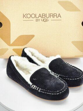 Koolaburra by UGG Lezly Black Suede Fur Lined Moccasin Slippers Women Size 6